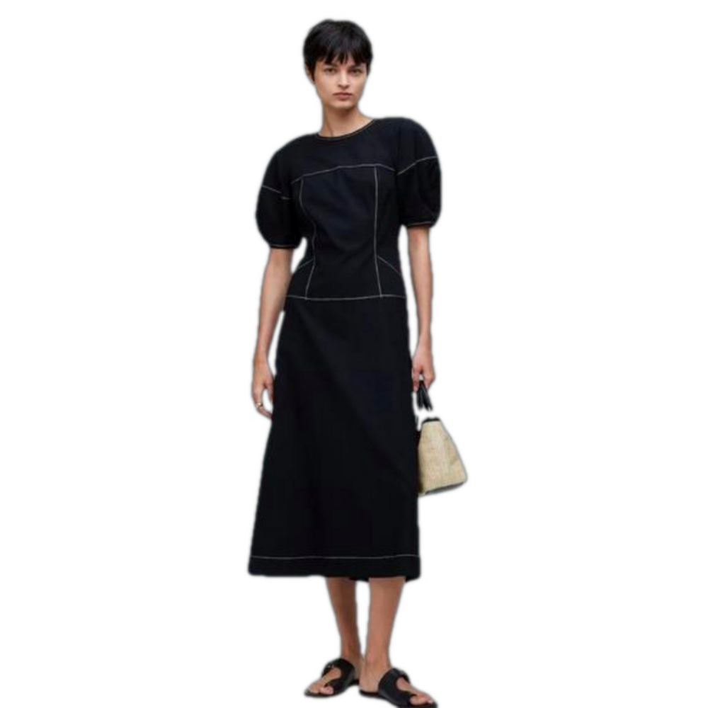Madewell Puff Sleeve Drop Waist Midi Dress, NWT Black NQ890